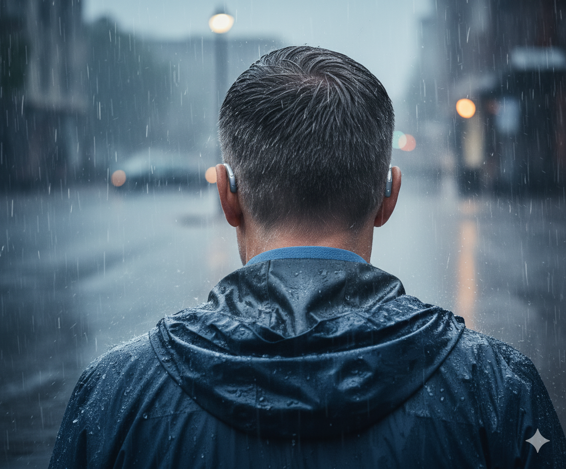 Homem caminhando sob chuva leve usando aparelho auditivo Starkey Omega AI — resistência à água e tecnologia de ponta